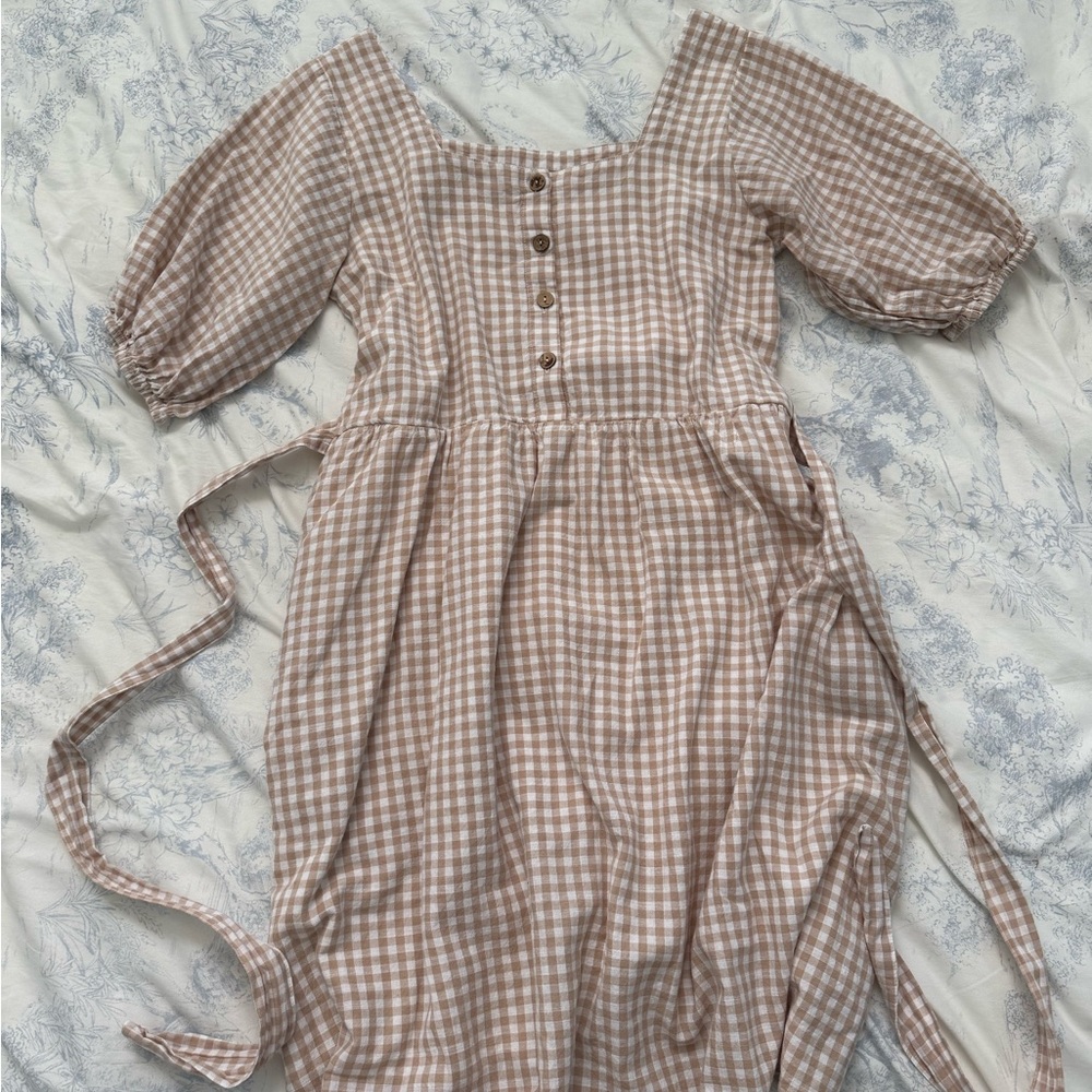 Gingham Midi Dress with Tie Waist - Cream/Beige - Picture 2 of 4